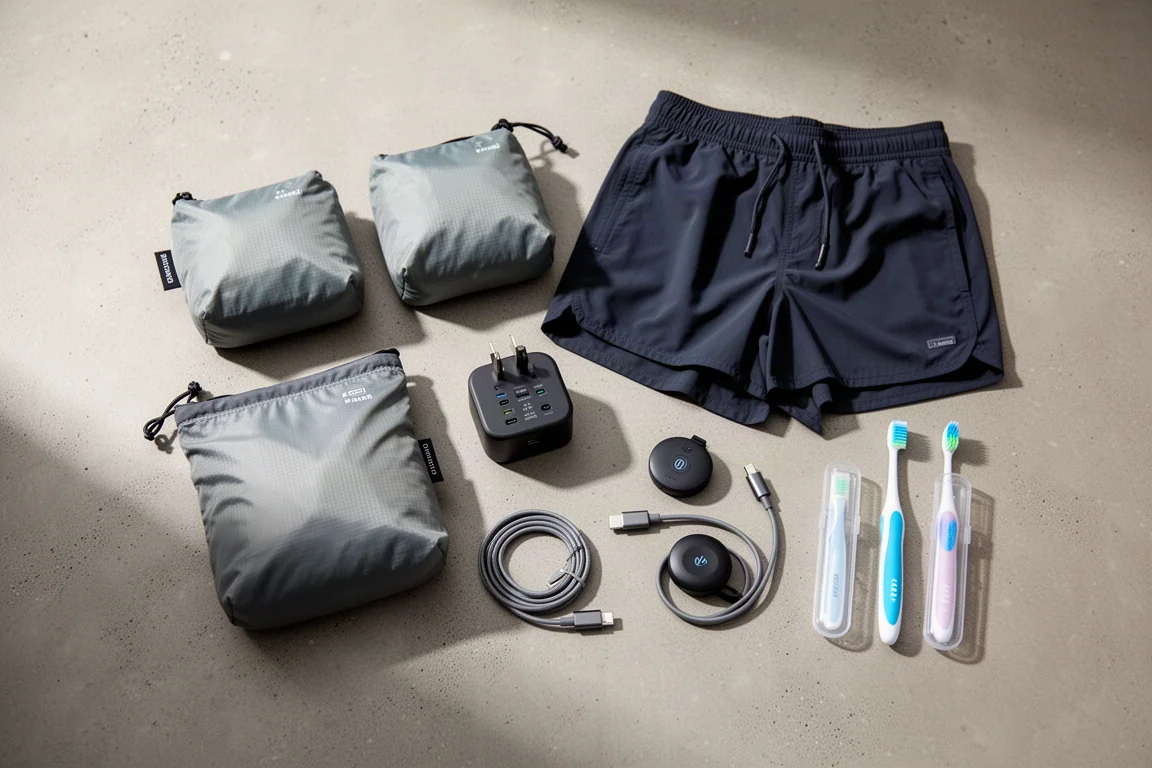 Flat lay de equipamentos de viagem incluindo necessaires, bermuda, carregador, cabo, adaptador e escovas de dentes sobre concreto