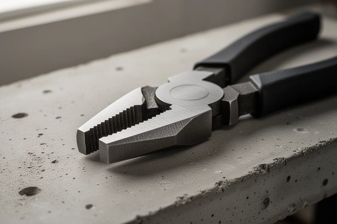 Close-up of lineman's pliers jaws with cross-hatch grip pattern on a workbench