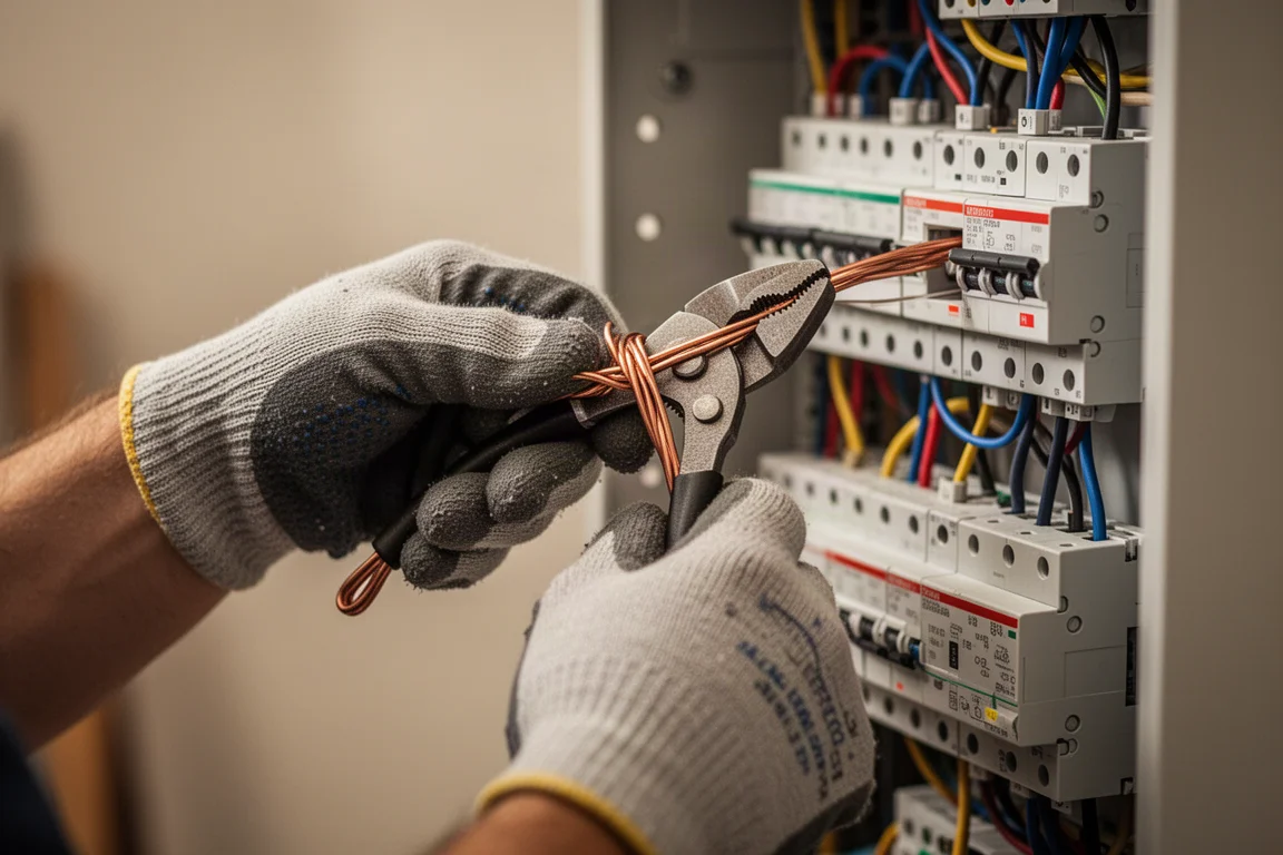 Electrician working with wire and lineman's pliers on a jobsite
