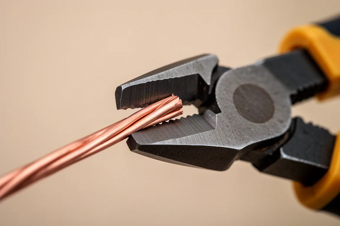 Cutting knives of lineman's pliers slicing copper wire in close-up