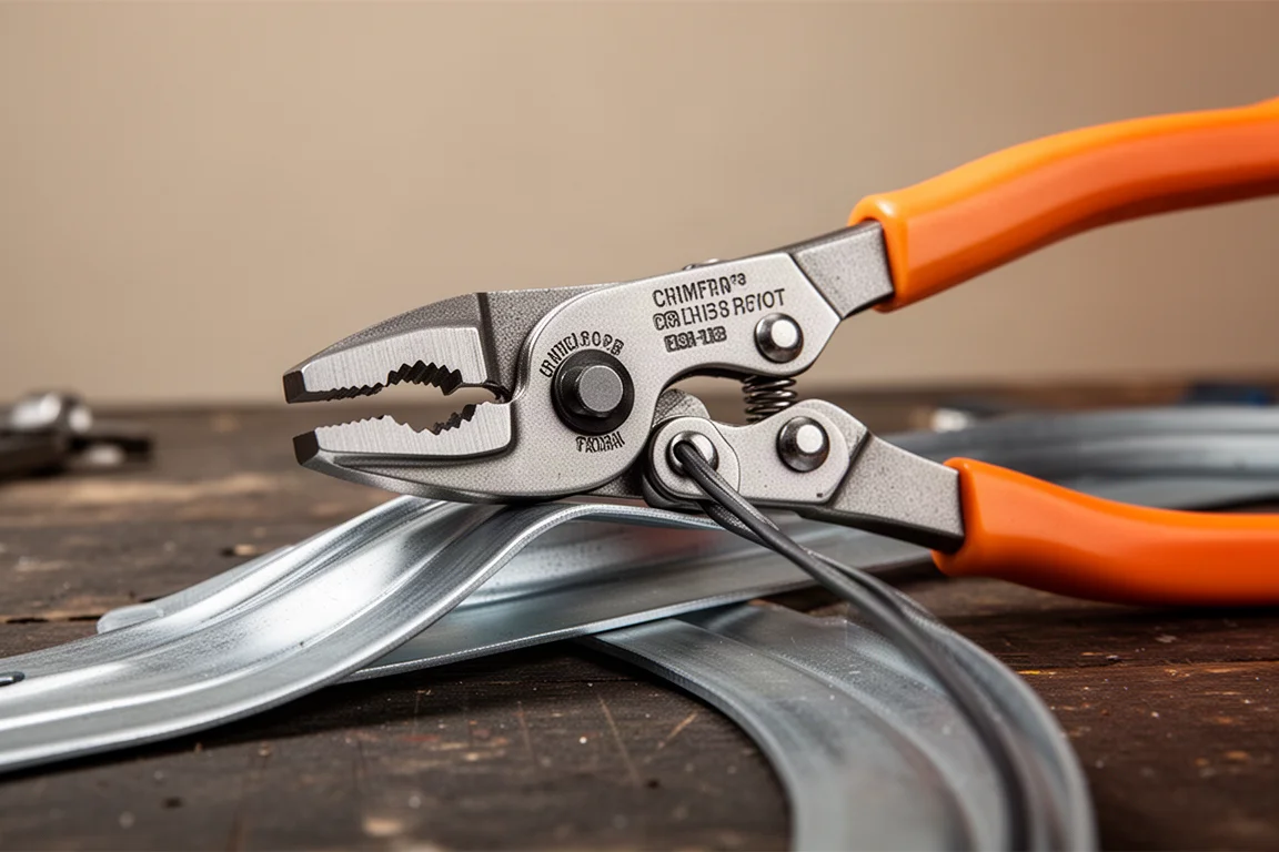 Under-pivot area of lineman's pliers used for fish tape on a workbench