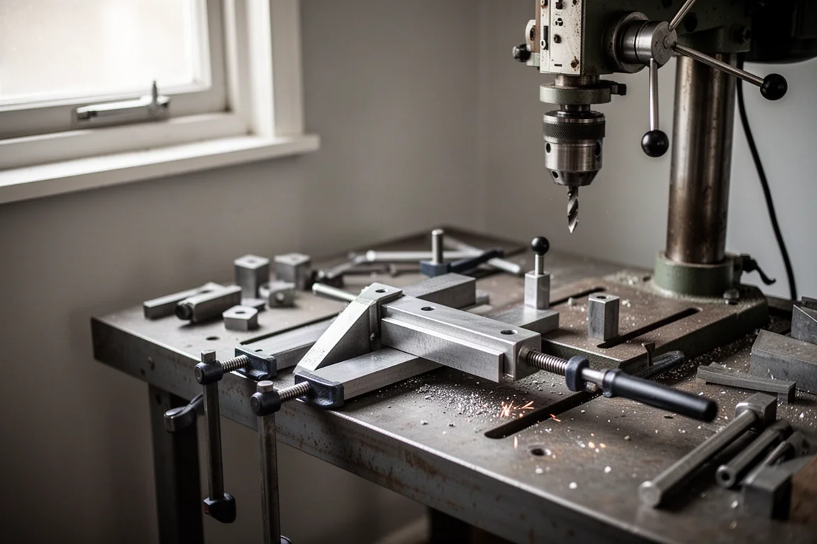 Werkplaotscène met geklemde metalen onderdelen en een kolomboormachine