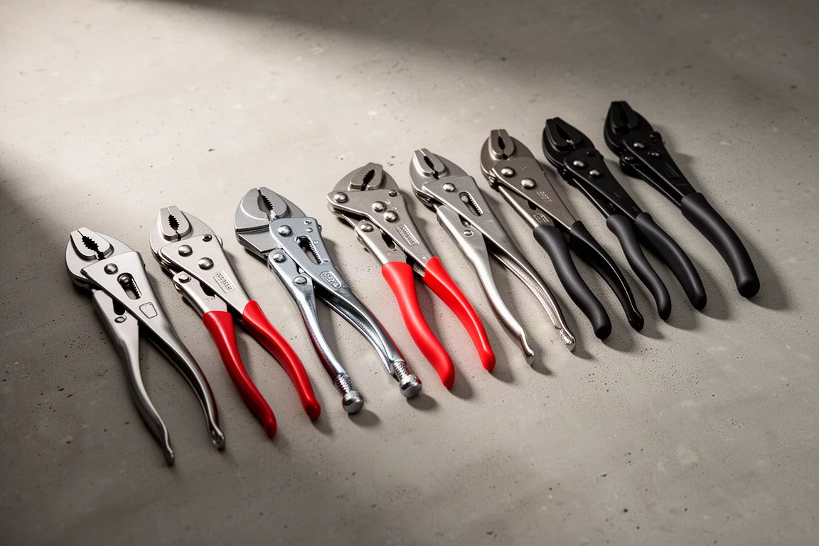 Row of 10-inch locking pliers on a concrete workshop surface