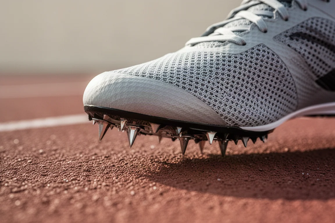 Nahaufnahme des Vorfußbereichs eines Bahnspikes mit Spikeplatte auf der Bahn
