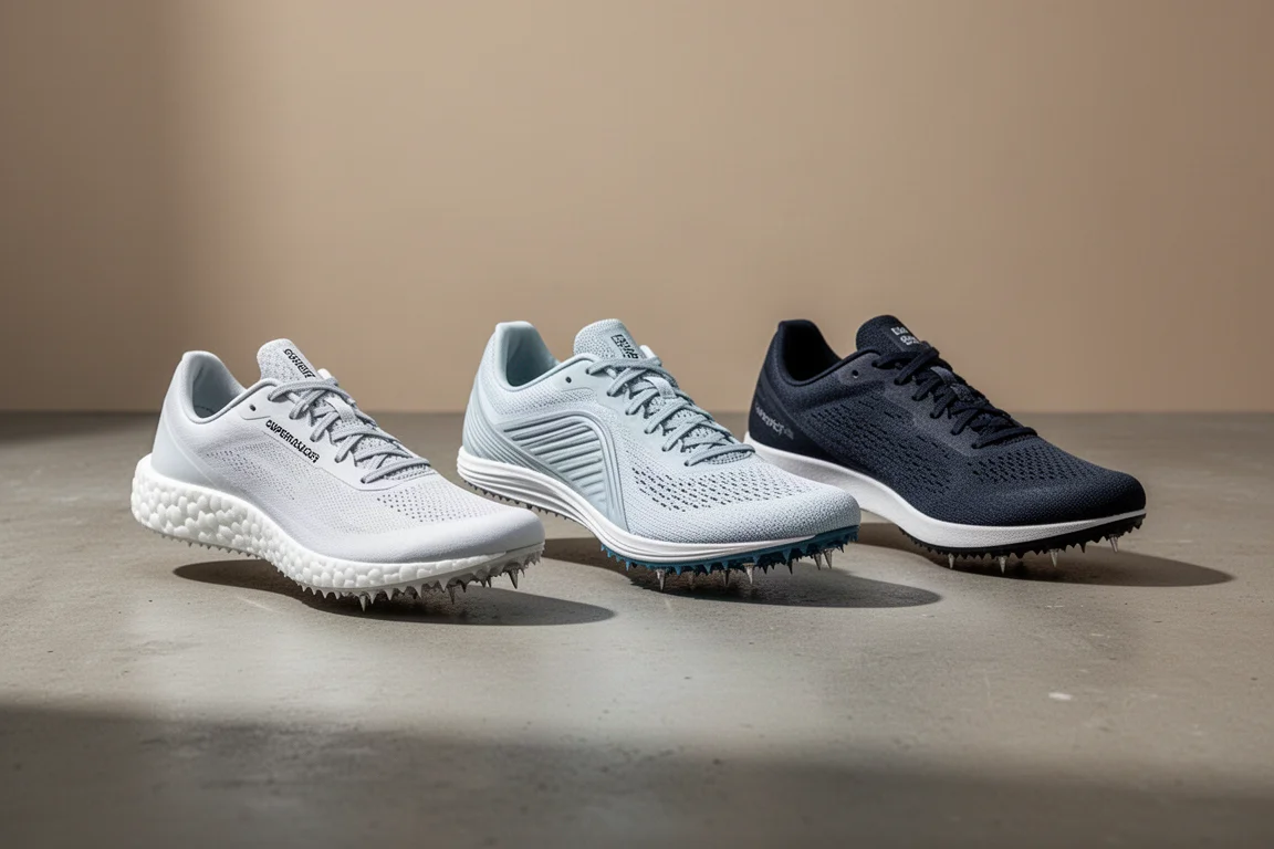 Three long-distance track spikes side by side on a concrete surface