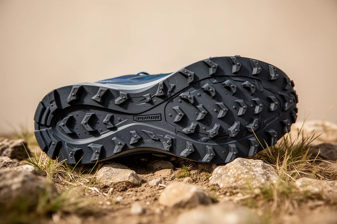 Primer plano de la suela de una zapatilla de trail con tacos pequeños apoyada en terreno rocoso