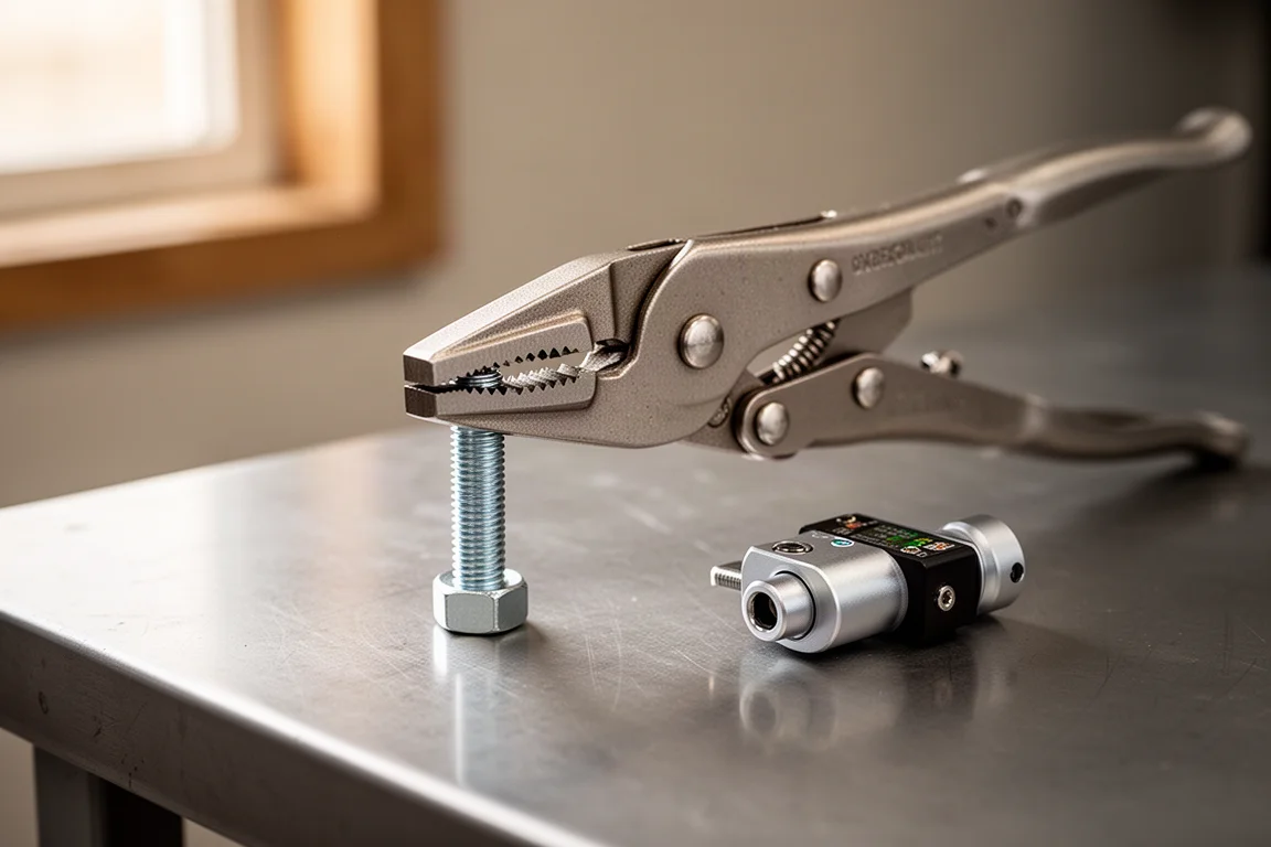 Long nose locking pliers clamped onto a threaded bolt on a workbench