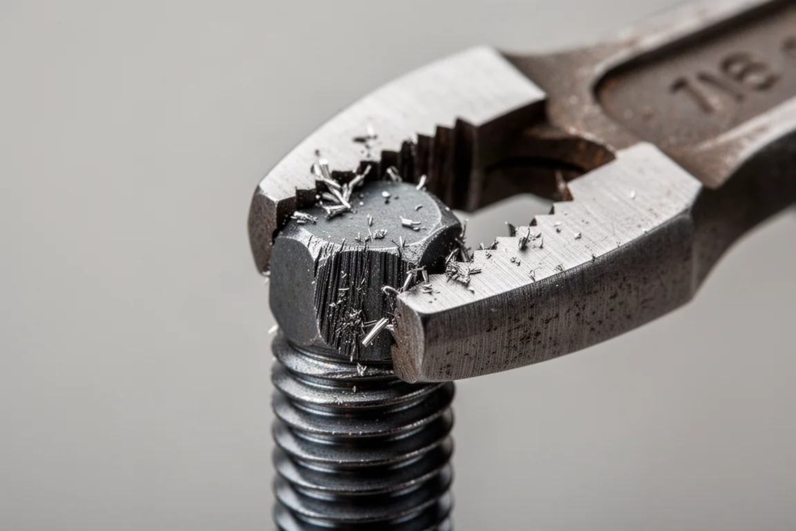 Locking plier teeth biting into a damaged bolt head with visible marks