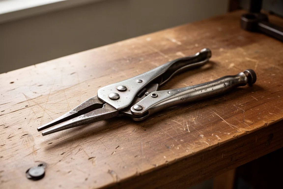 Vintage well-worn locking pliers resting on a wooden workbench