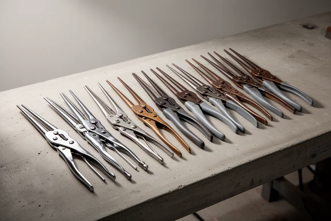 Twelve pairs of long nose locking pliers lined up on a concrete workbench