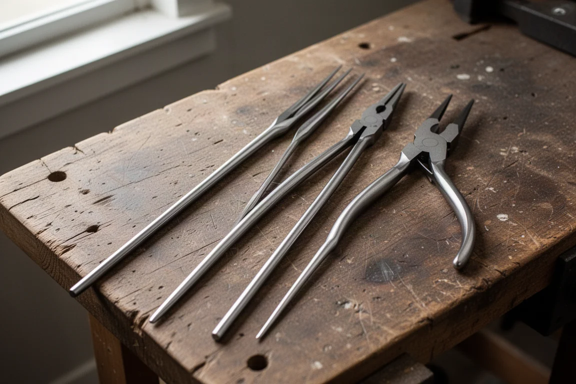 Three extra-long needle nose pliers of different lengths laid side by side on a workbench