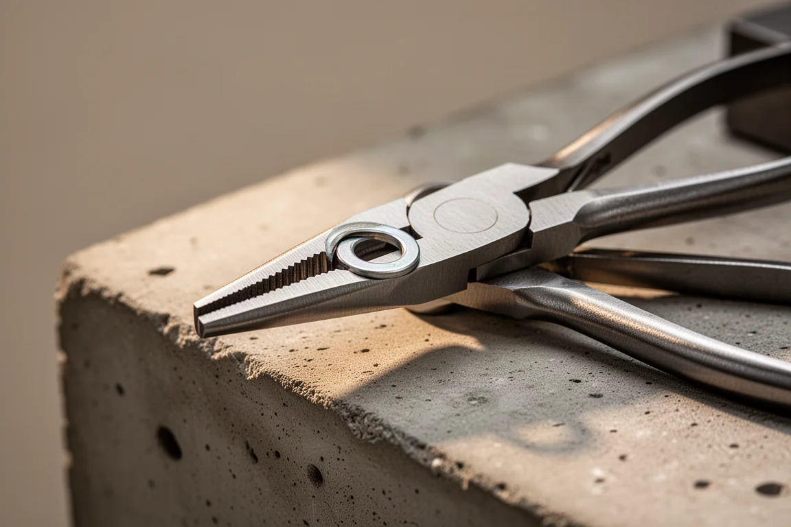 Close-up of bent tips on needle nose pliers gripping a small metal washer