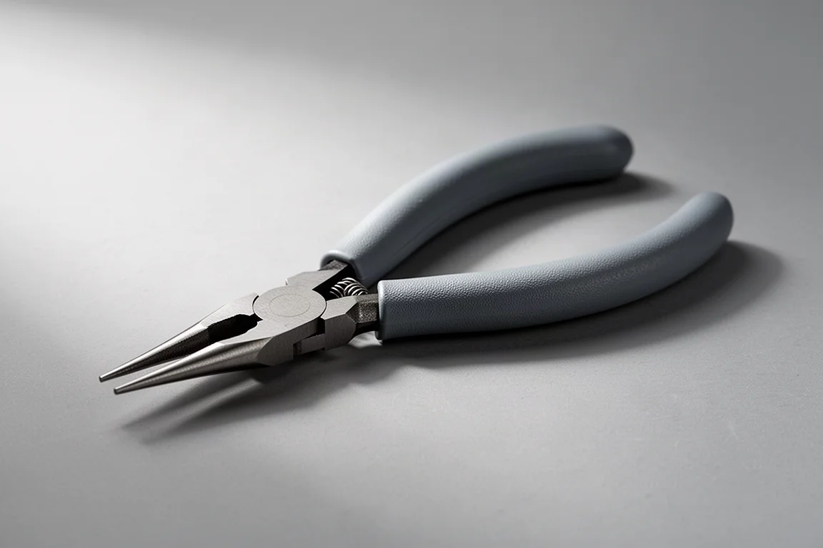 Snap-on long needle nose pliers with thick vinyl dip coating covering the full handle