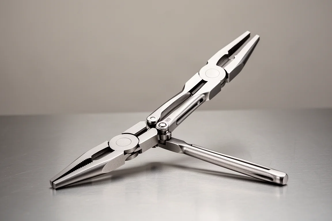 Double-jointed long reach pliers opened wide showing narrow folded profile