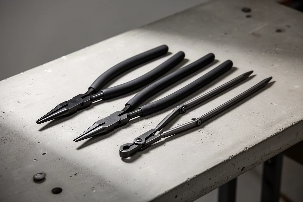 Three extra-long needle nose pliers laid diagonally on a concrete workbench