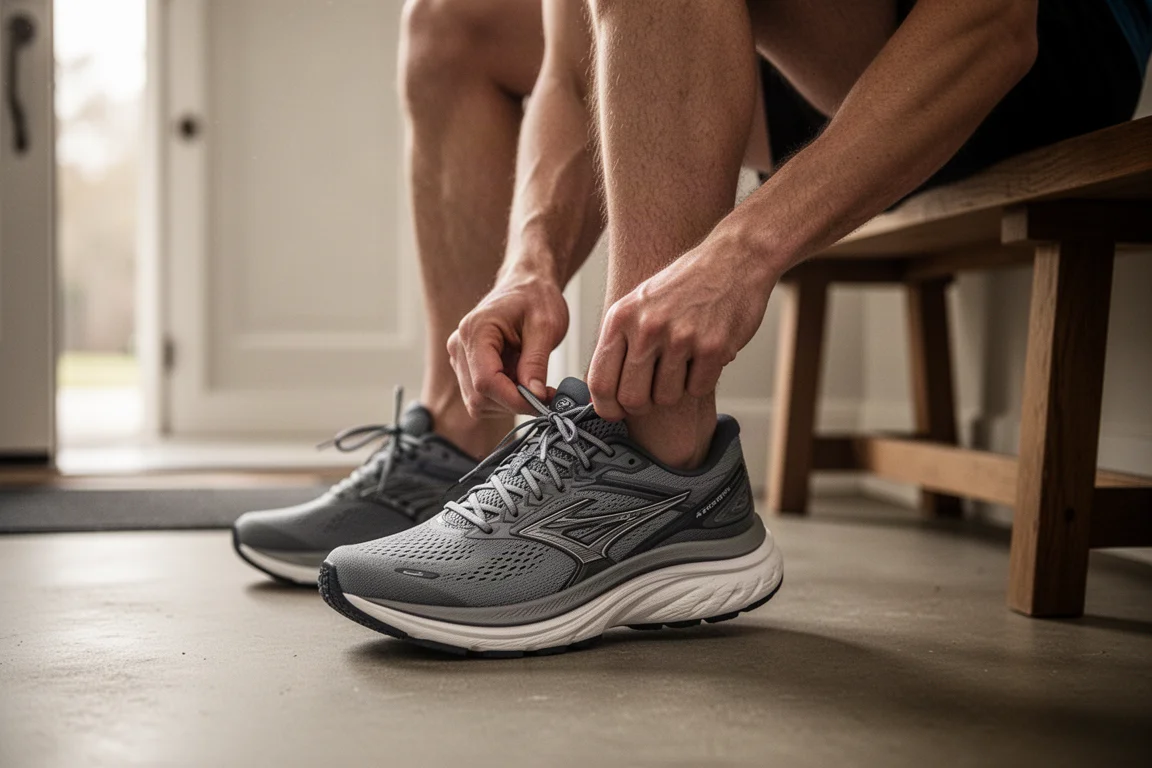 Un runner allaccia una scarpa da running con piantone alto e ammortizzazione prima di un allenamento al mattino presto