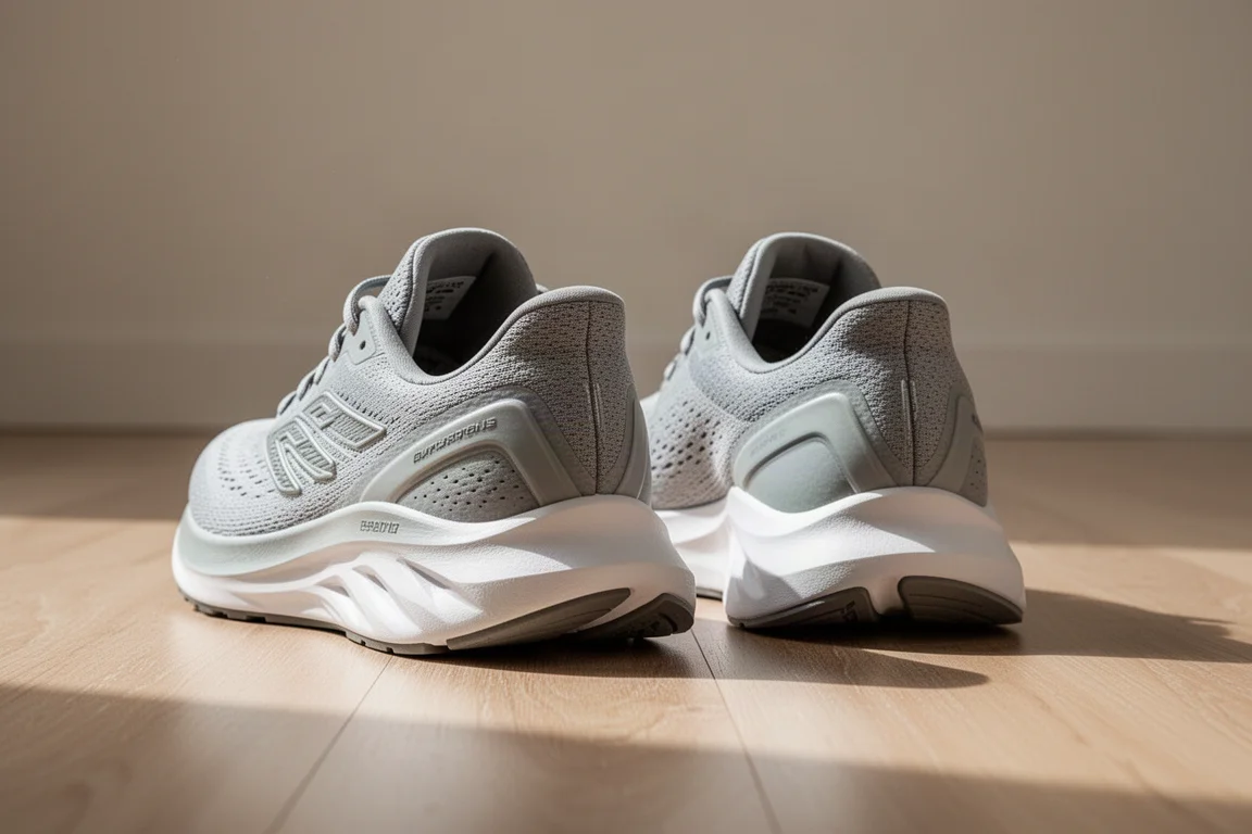 Vista posteriore di due scarpe da running con basi del tallone larghe e stabili