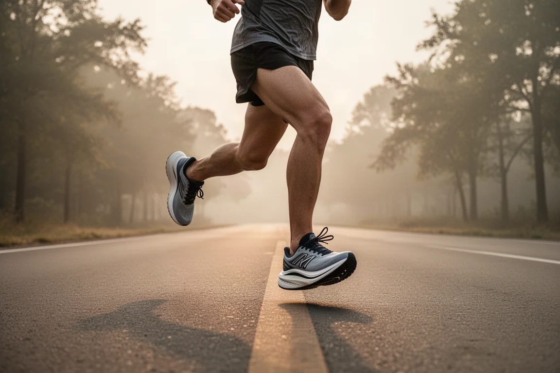 Un runner mantiene un ritmo costante su una strada aperta durante un lungo allenamento