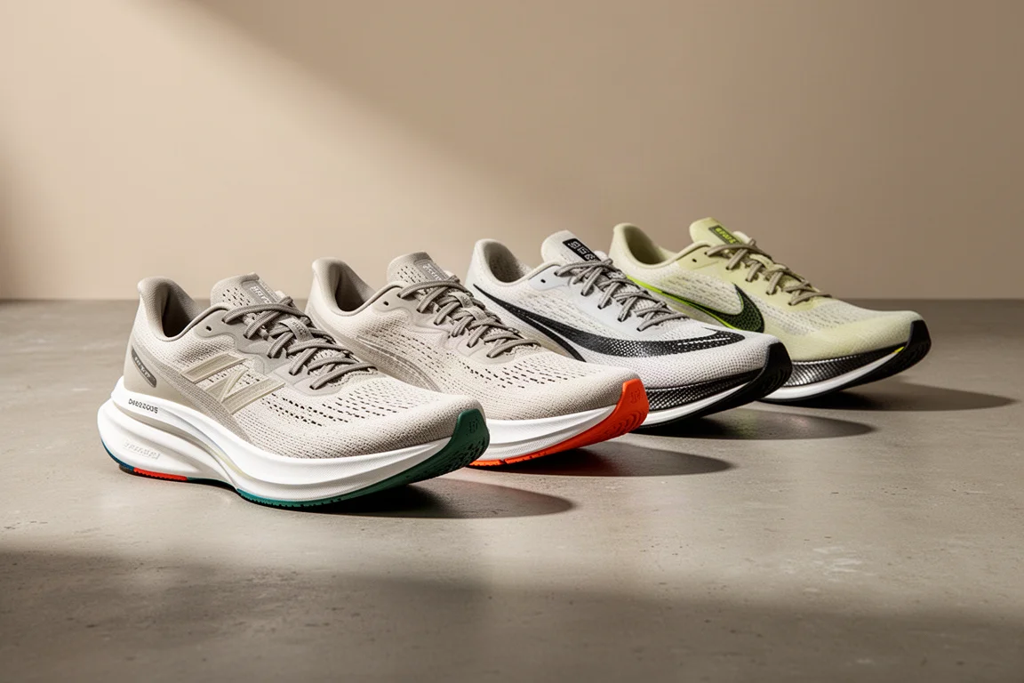 Six modern running shoes arranged in a row on a concrete surface