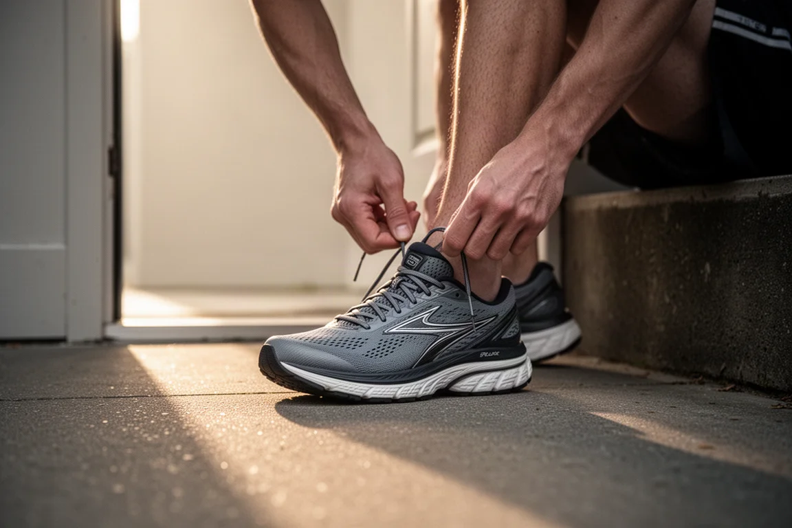 Un runner allaccia una scarpa da running dal tacco alto prima di un allenamento lungo al mattino presto