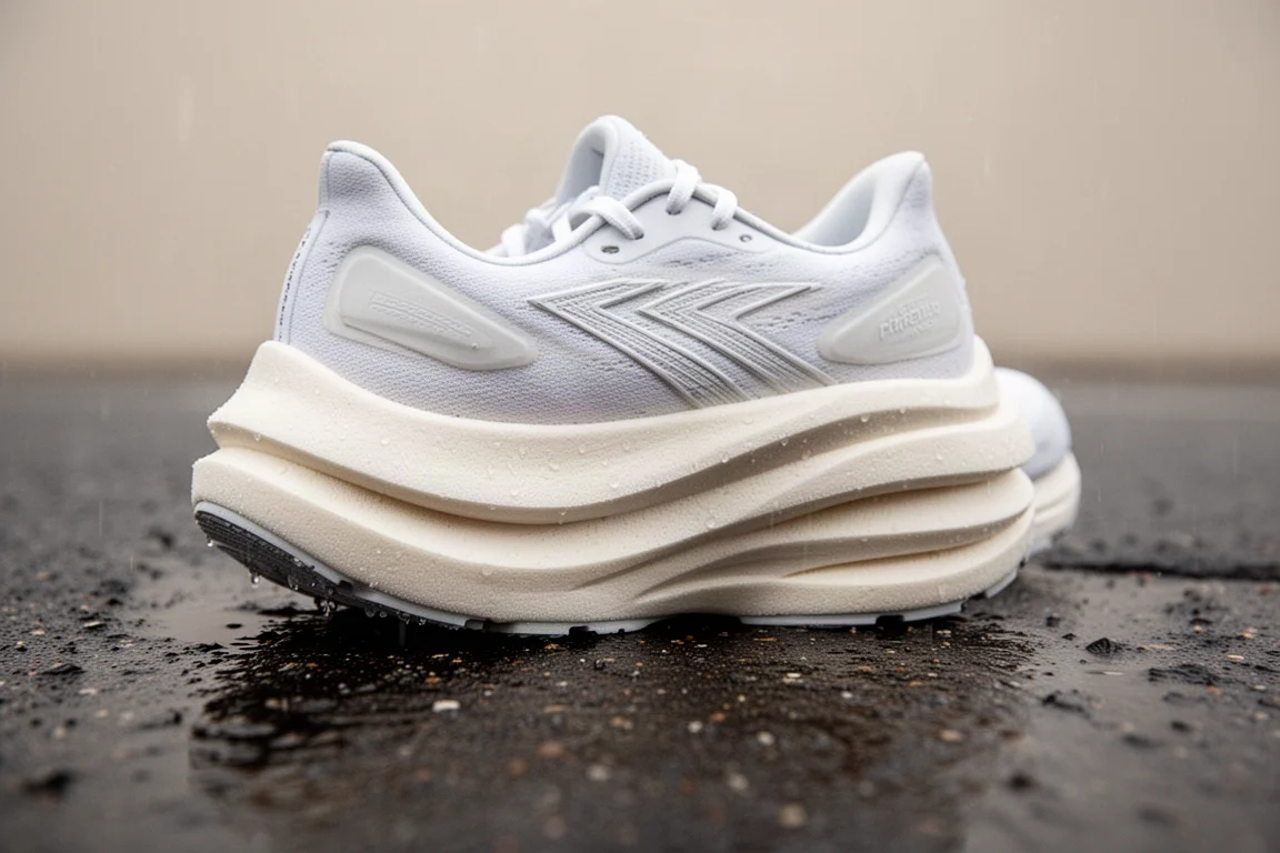 Primo piano dell'intersuola spessa e ammortizzata di una scarpa da running sul tarmo bagnato