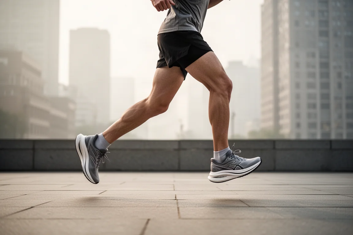 Un runner corre con falcate ampie lungo un marciapiede urbano con scarpe ammortizzate dal tacco alto