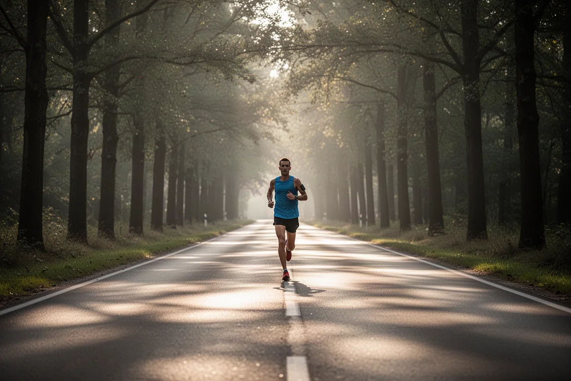 Un allenamento lungo in preparazione maratona su una strada alberata in luce soffusa