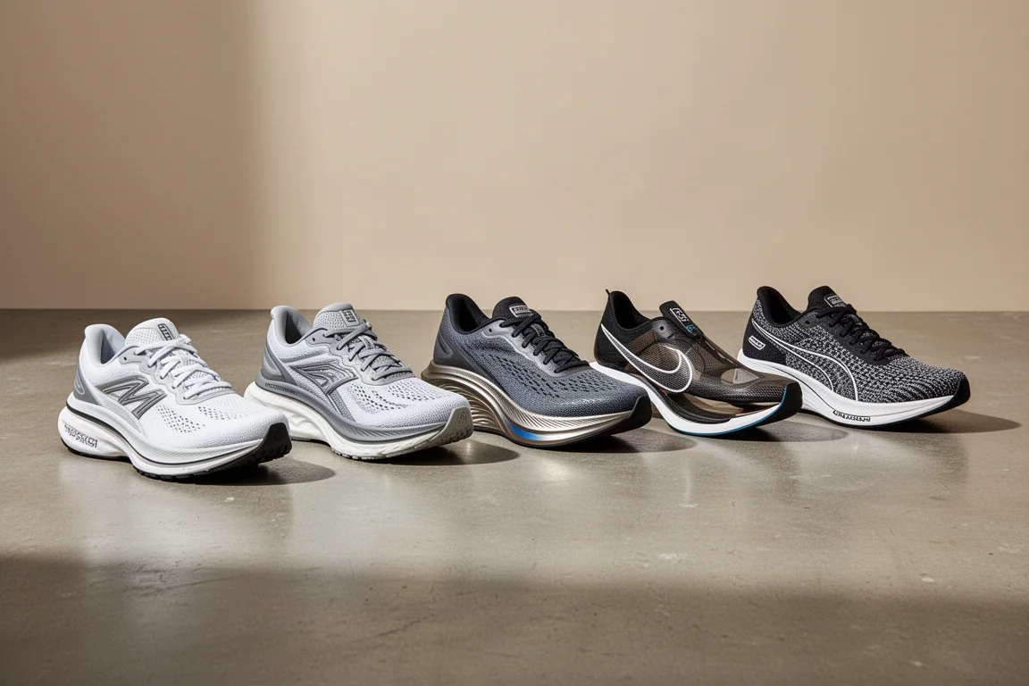 Six running shoes of varied silhouettes arranged in a row on a concrete floor