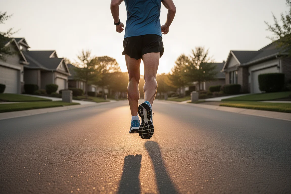Runner starting a long run on quiet suburban roads at sunrise
