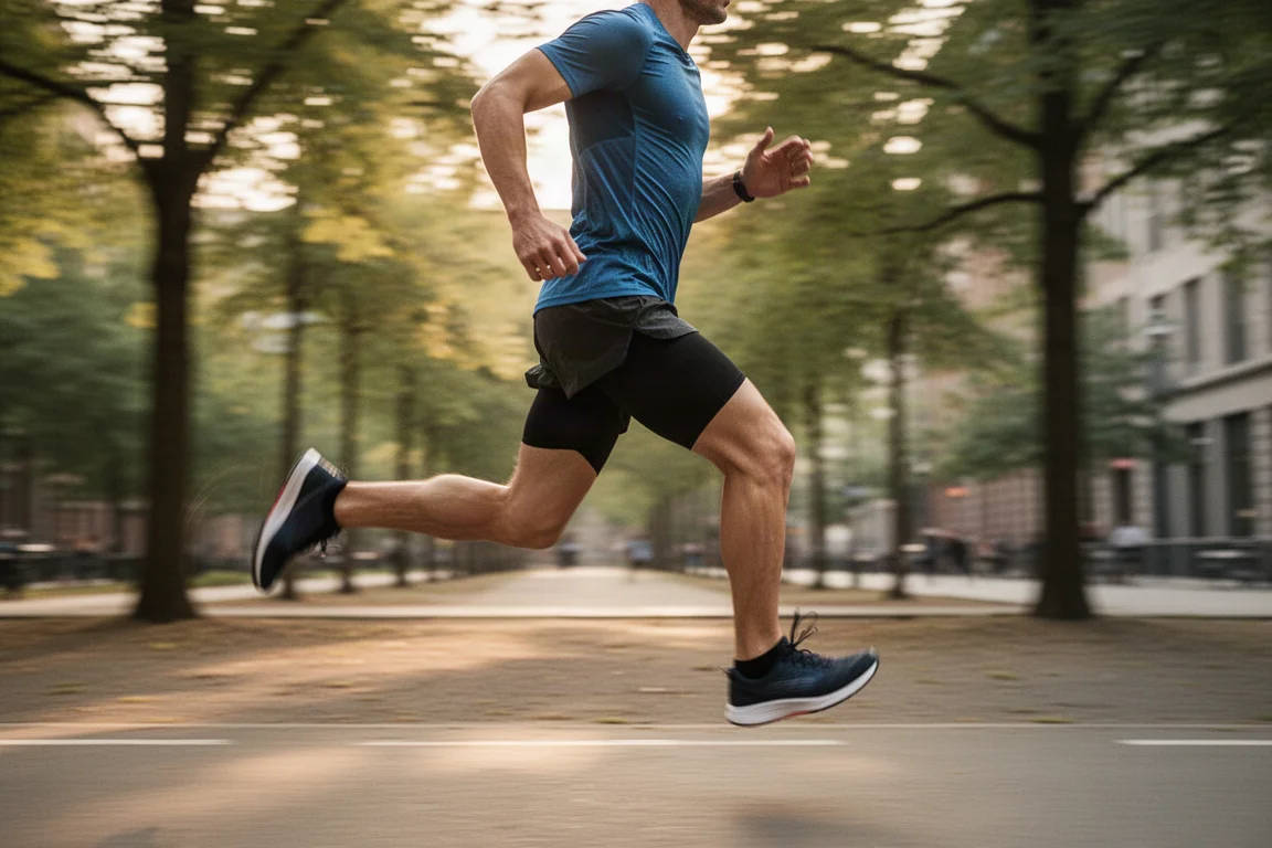 Runner picking up pace during a tempo segment on a city path