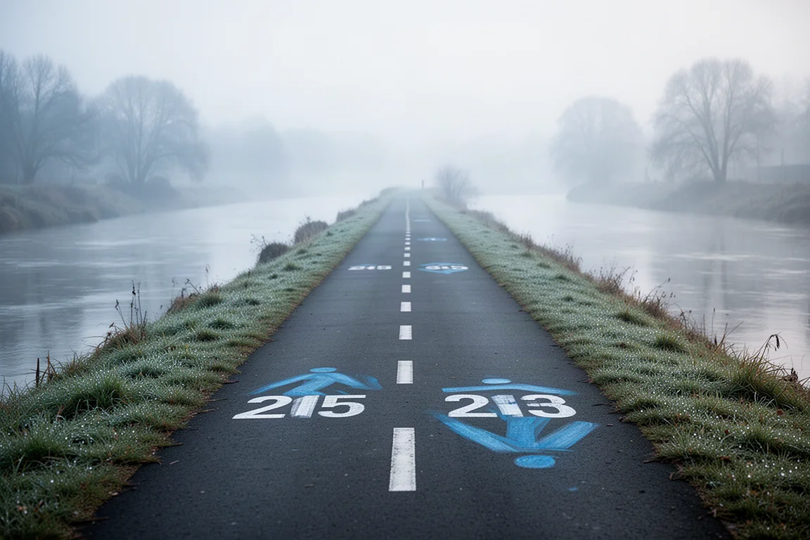 Long run route mapped along a riverside trail in soft morning haze