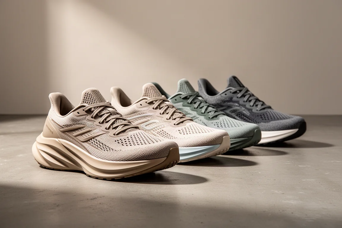 Five thick-soled running shoes arranged in a row on a concrete surface