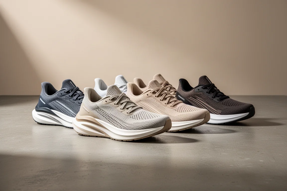 Five cushioned running shoes lined up on a concrete studio floor