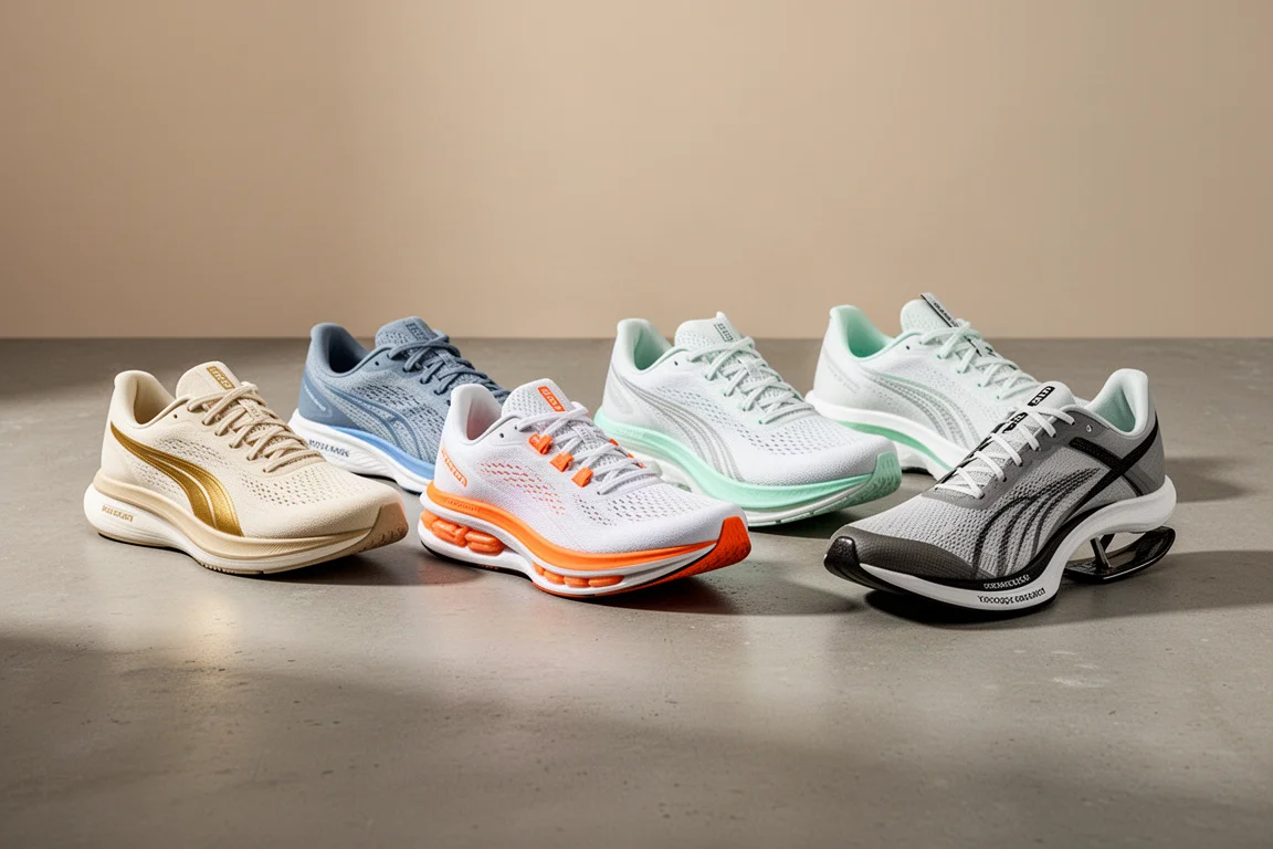 Six running shoes arranged in a row on a concrete surface