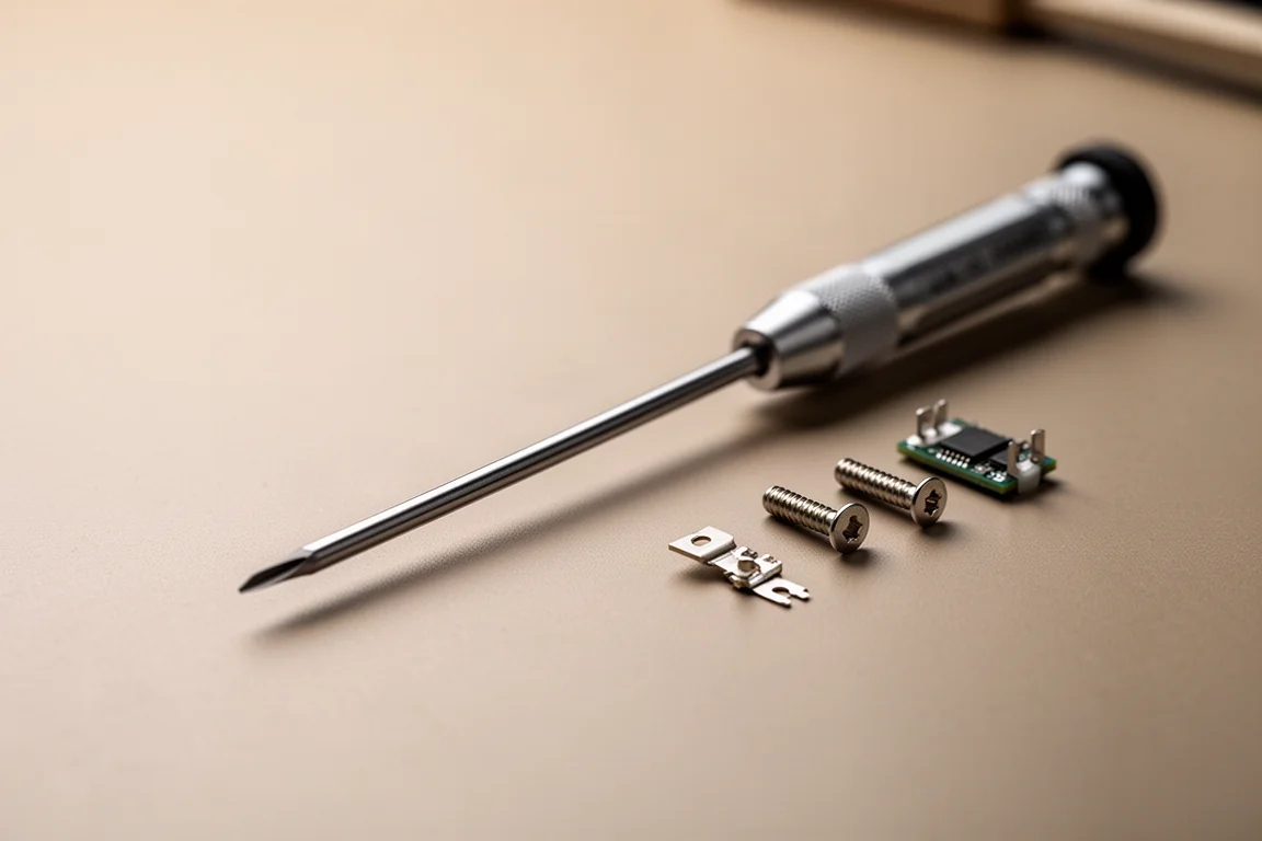 Long straight-shaft screwdriver lined up on a workbench beside small electronic parts