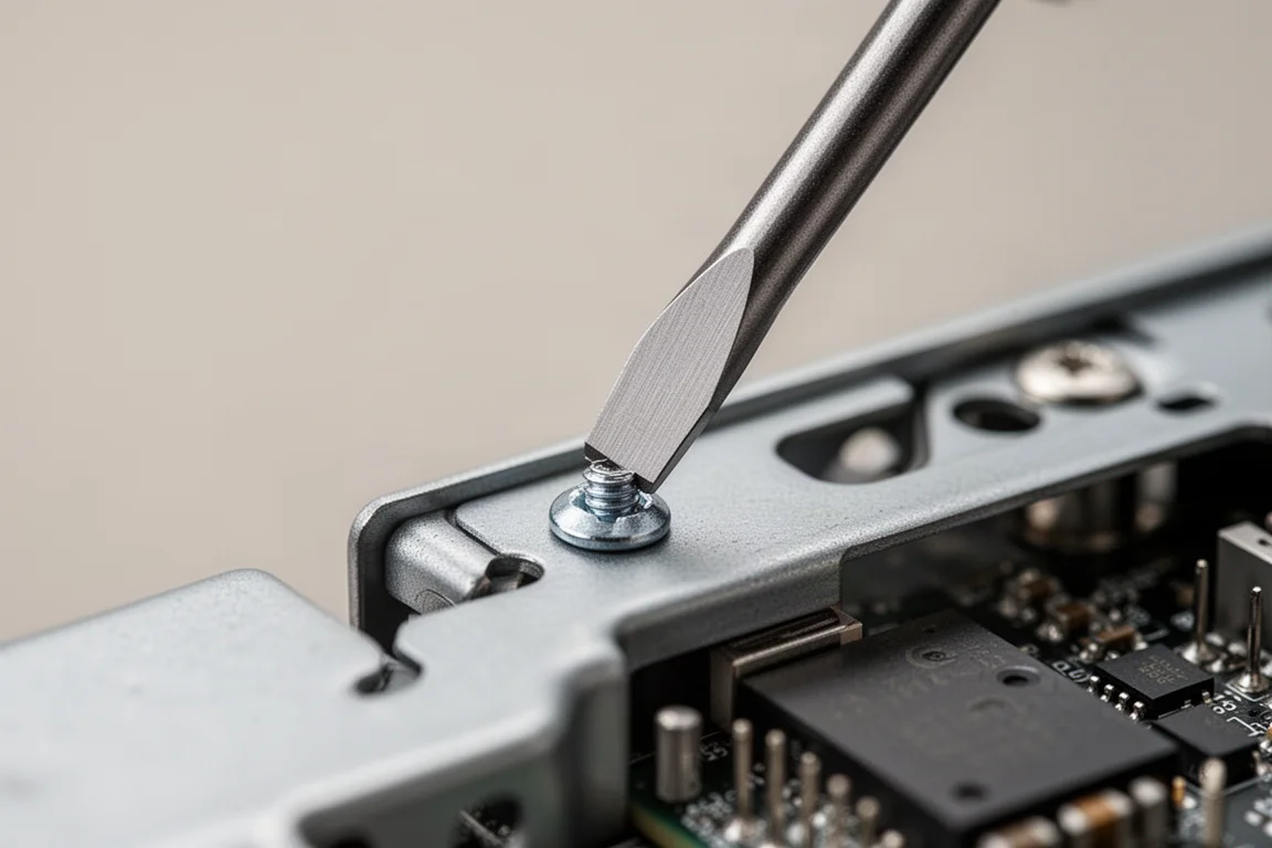 Close-up of a screwdriver tip aligned with a small screw head