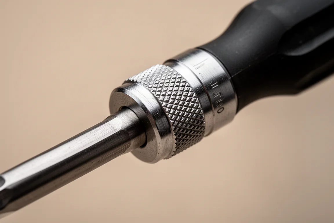 Hand grip area of a screwdriver handle with knurled metal collar detail