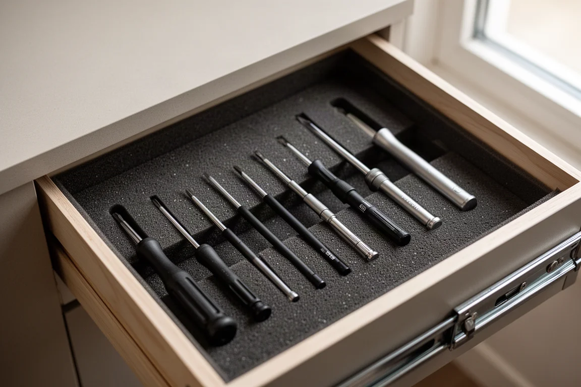 Tool drawer with a small collection of precision screwdrivers laid out