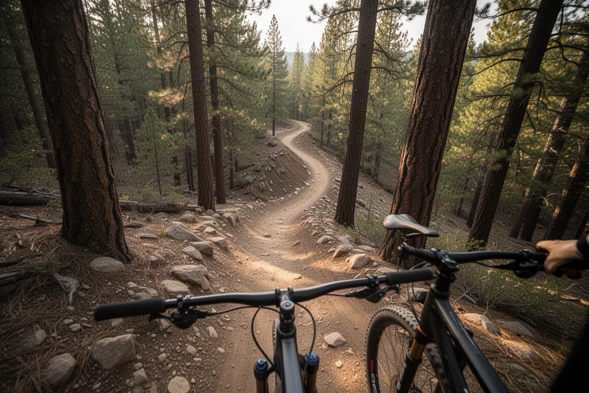 Rocky singletrack descending through pine forest from a rider's perspective