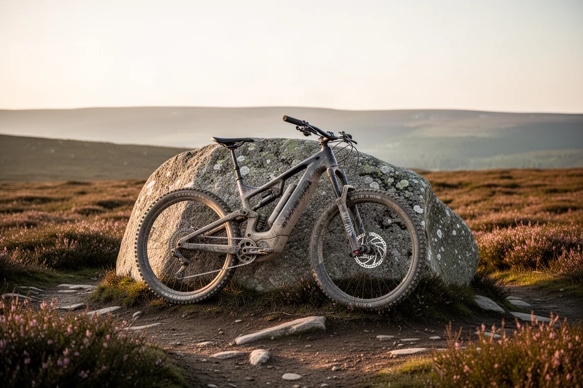 Dusty electric mountain bike resting against a granite rock on a moorland trail