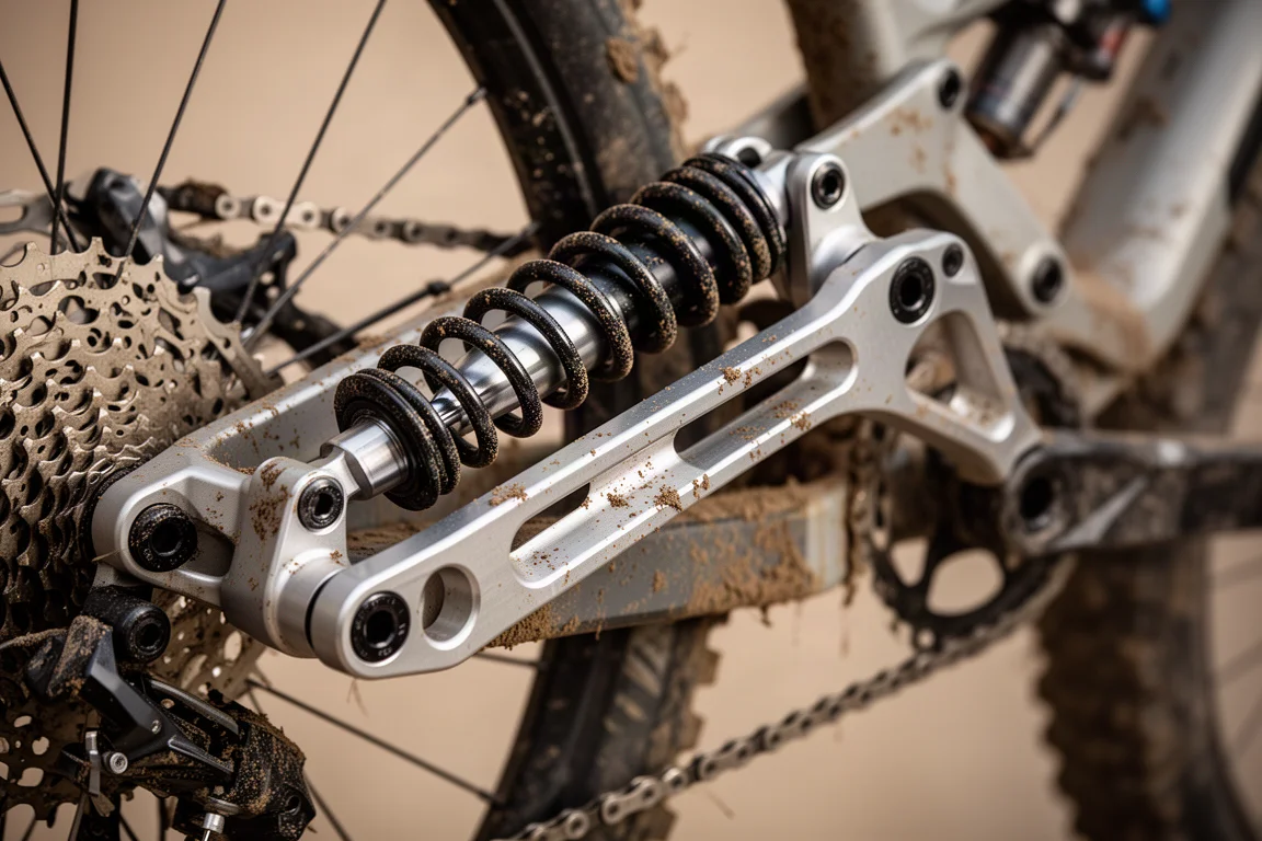 Close-up of a coil rear shock and linkage covered in trail mud