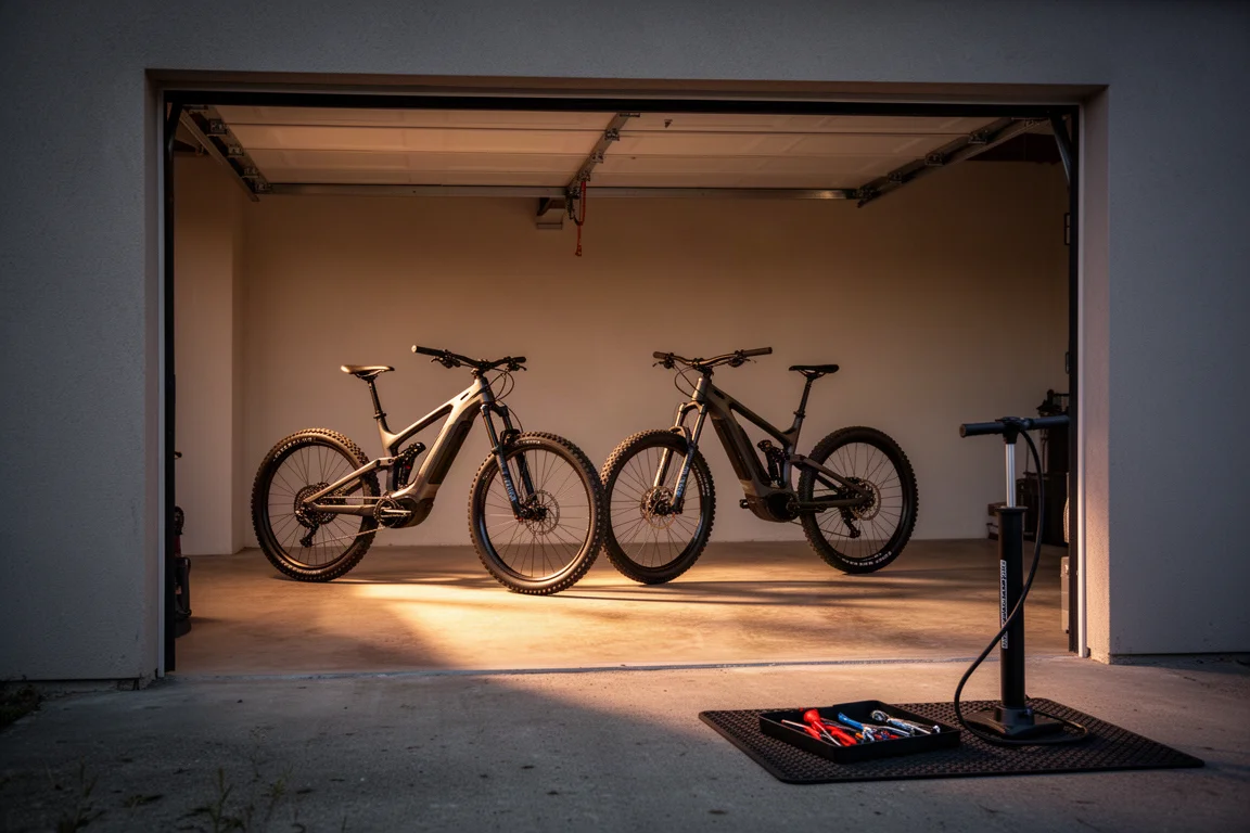 Electric mountain bikes in an open garage doorway at dusk with tools on the floor