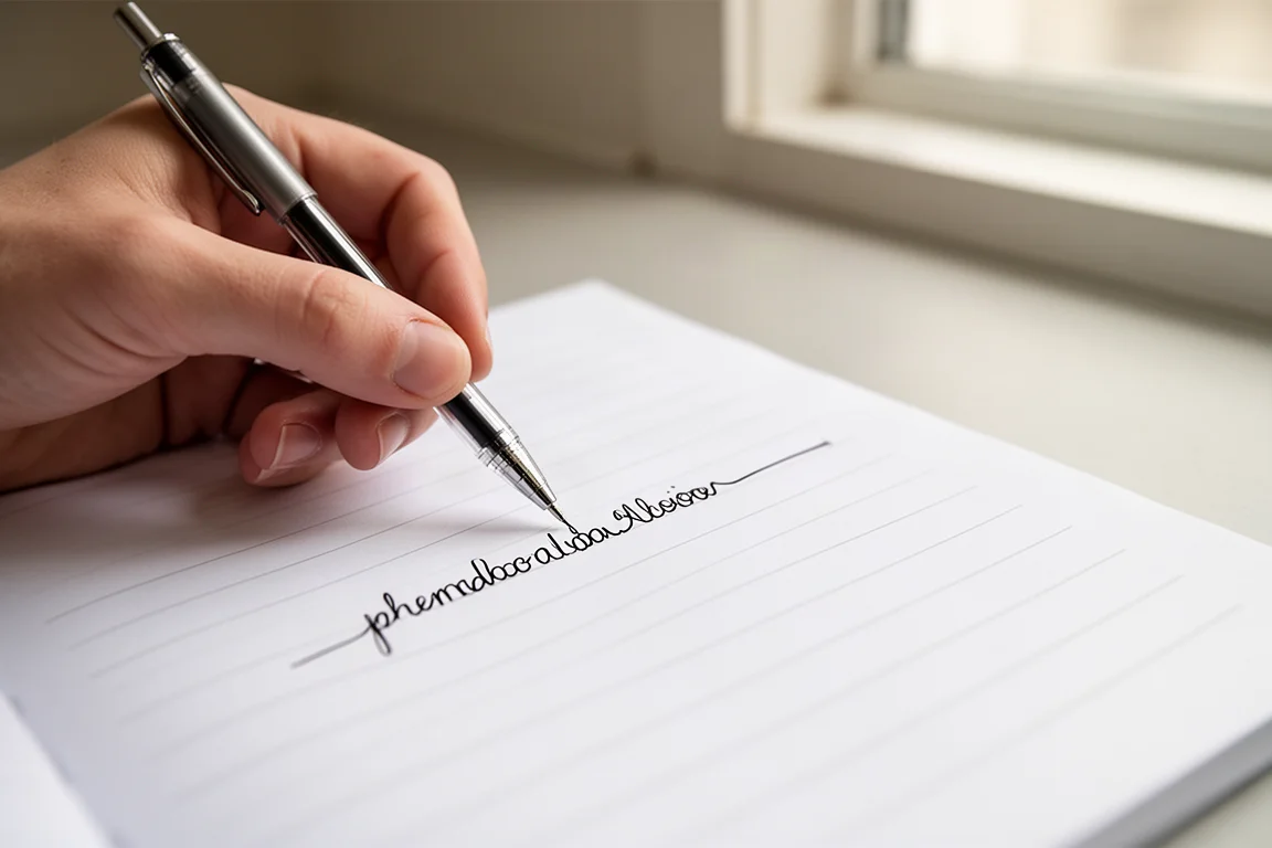 Hand writing with a ballpoint pen on a lined notebook page
