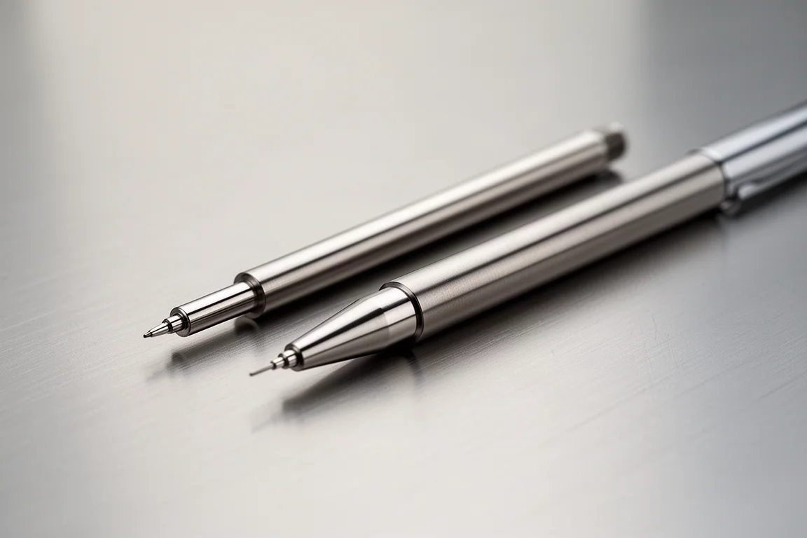 Two ballpoint refills of different thicknesses side by side on a desk