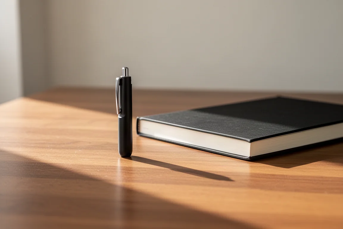 Compact pen resting on a wooden desk beside a closed notebook