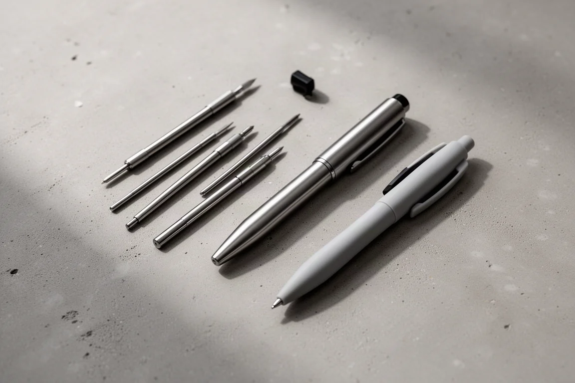 Assortment of pen refills and pens arranged in a flat-lay on concrete