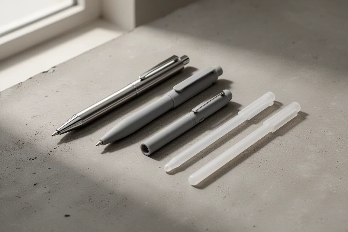 Lineup of ballpoint pens on a matte concrete surface
