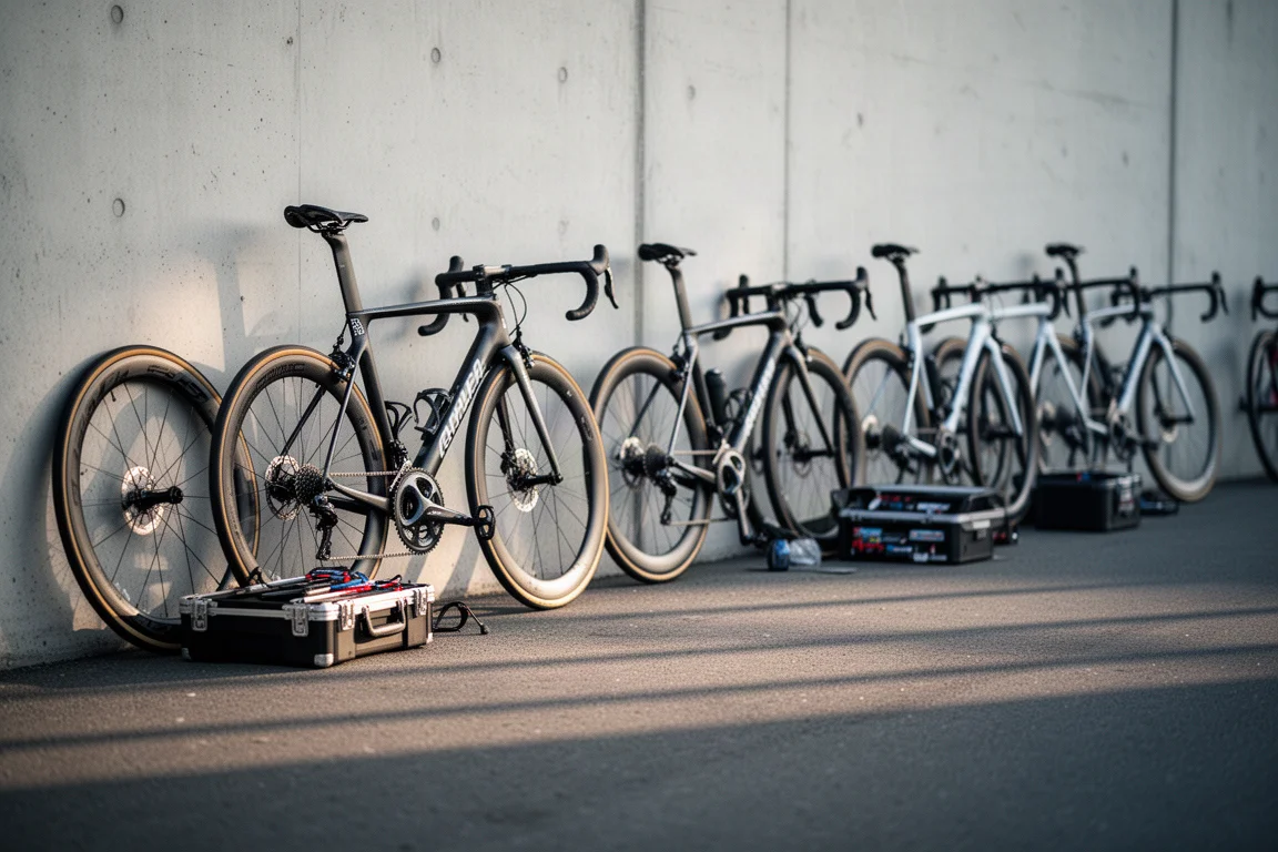 Row of aero road bikes lined up in a race paddock at early morning