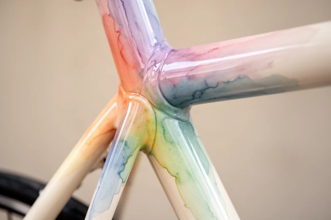 Close-up of a bike frame junction with layered watercolour-like paint