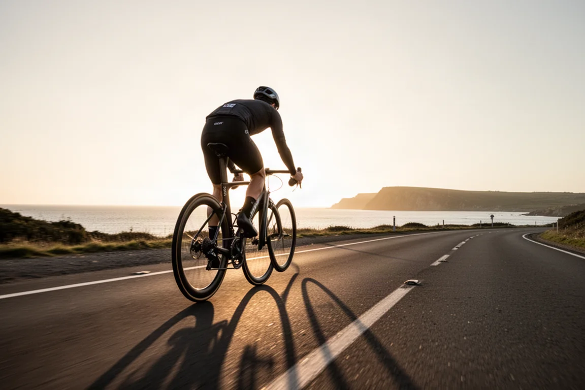 Cyclist on an aero road bike riding along an empty coastal road at golden hour